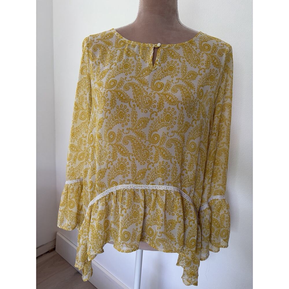 KORI America Mustard Boho Blouse Small Paisley Ruffle Flowy Top